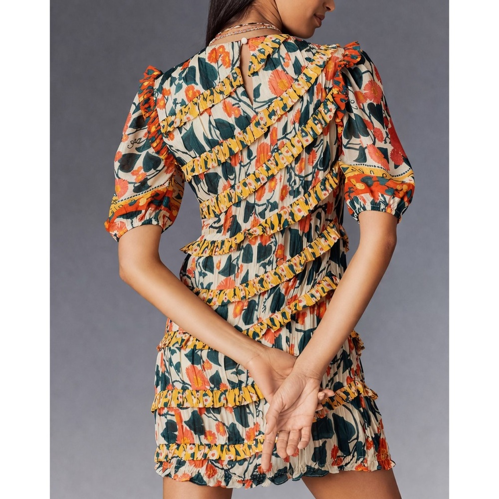 Farm Rio Anthropologie NWT Puff Sleeve Mini Dress in Yellow Floral Motif Small - Picture 2 of 11